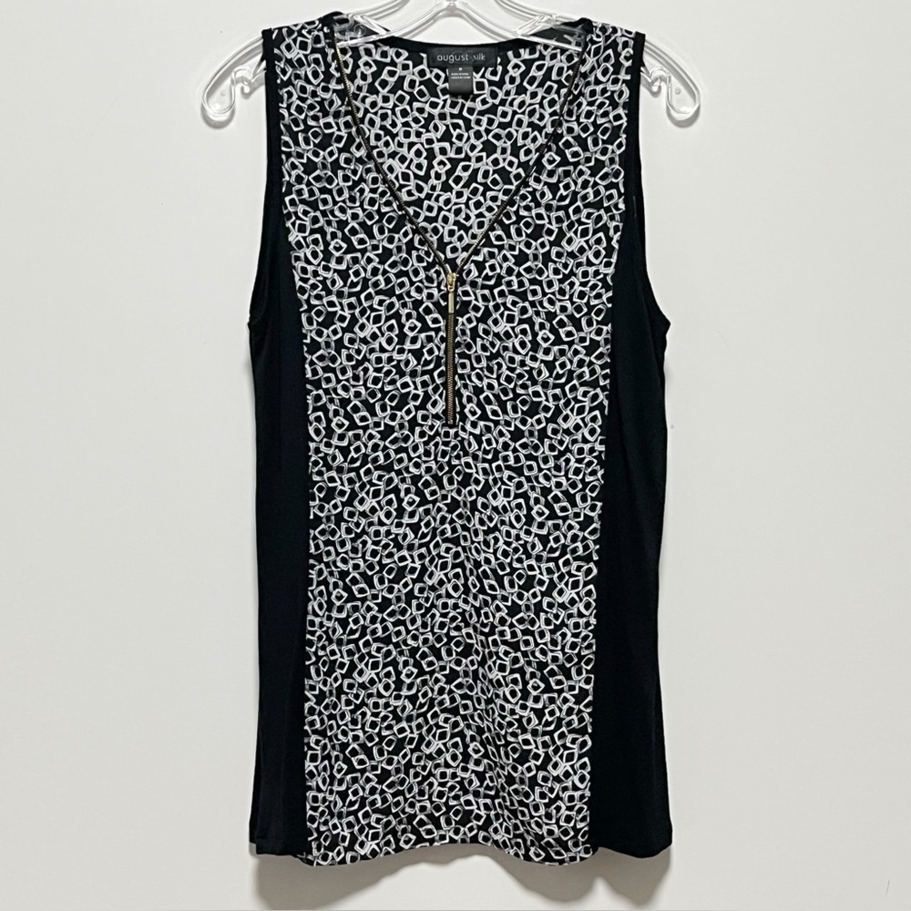August Silk Classic Black White GEO STAMP Zip Neck sleeveless Tunic Tank top